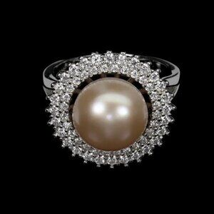 Natural Round Creamy Peach Pearl 10mm & Cz 925‎ Sterling Silver Ring Sz 5.5